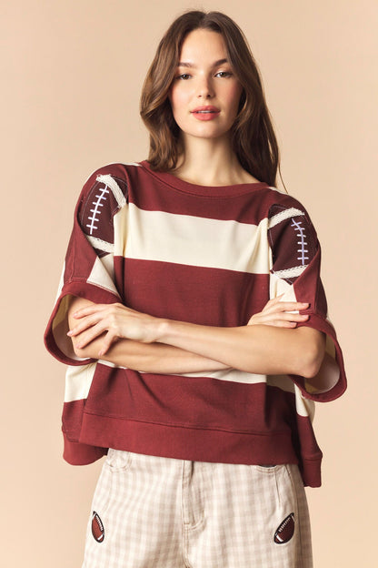 Football Patches With Stripe Dolman Sleeve Crop Sweatshirt TOP Peach Love