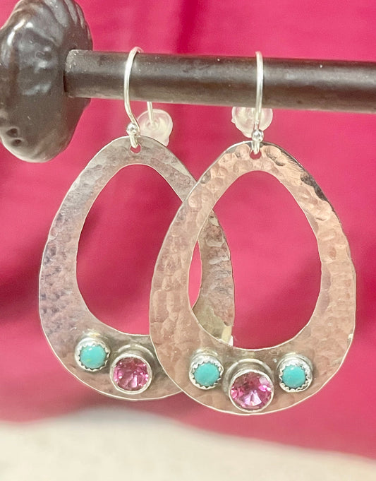 Large Open Oval with Mint Turquoise and Pink Topaz Earrings Earrings Richard Schmidt   