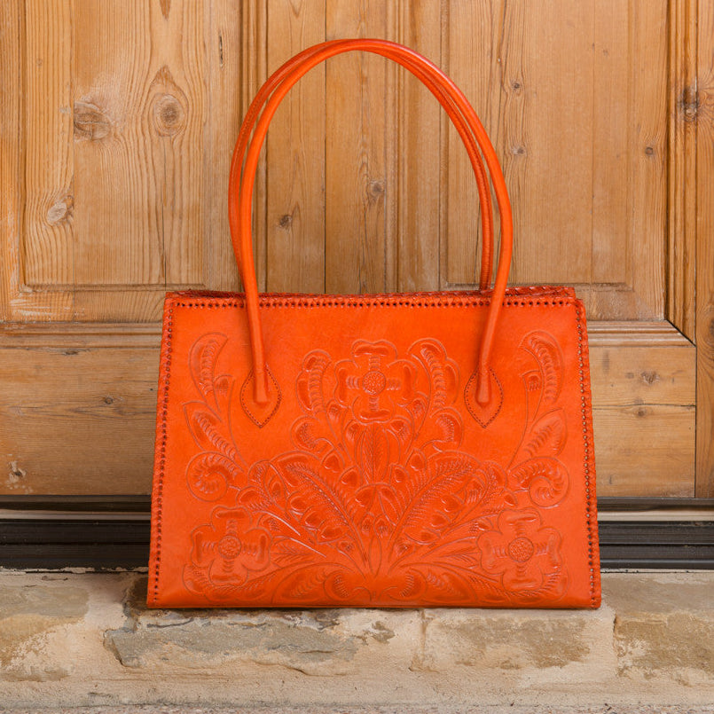 Alejandra Hand-Tooled Leather Purse - Orange Purse Hide and Chic