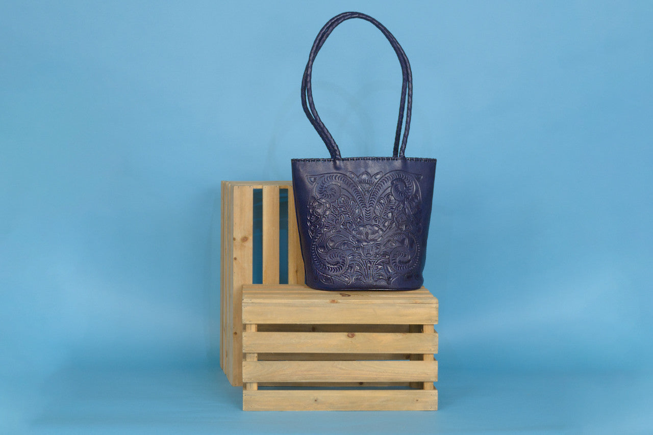 Pilar Hand-Tooled Leather Purse Purse Hide and Chic Navy