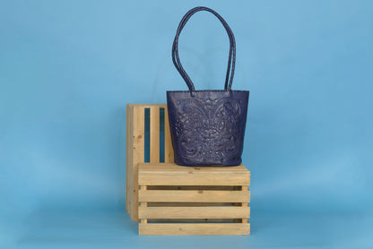 Pilar Hand-Tooled Leather Purse Purse Hide and Chic Navy