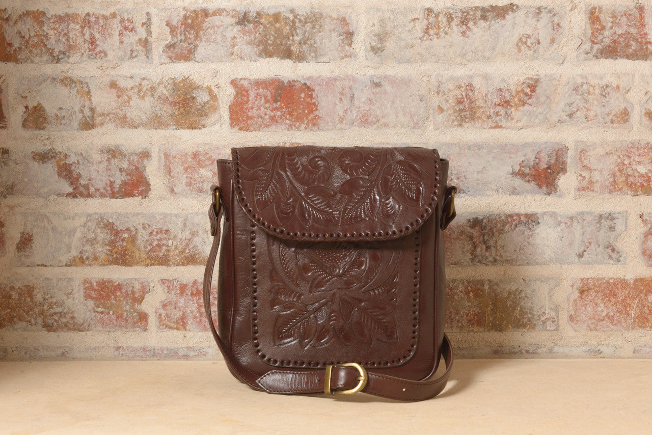 Consuela Hand-Tooled Leather Crossbody Crossbodies Hide and Chic Brown  