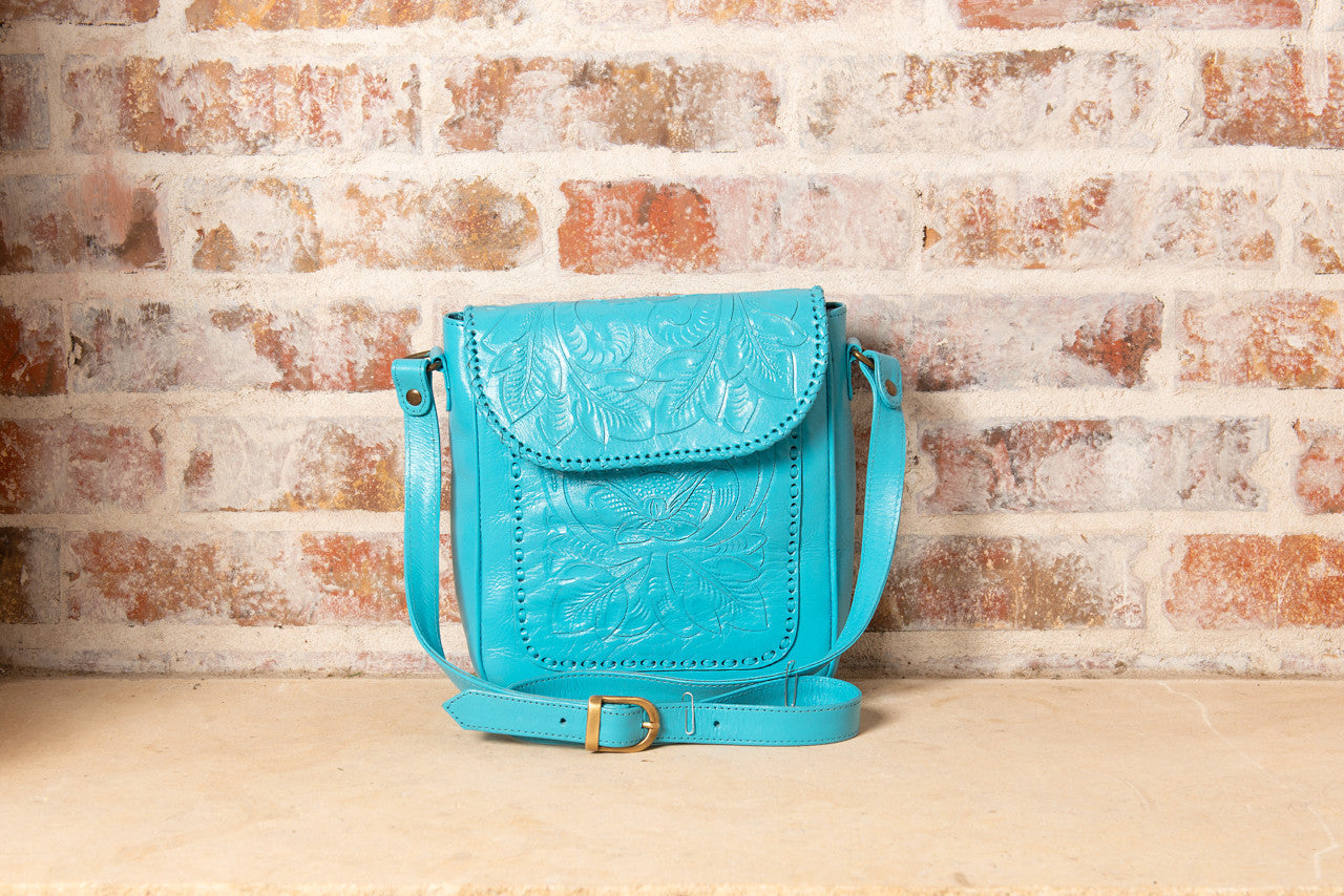 Consuela Hand-Tooled Leather Crossbody Crossbodies Hide and Chic Tiffany Blue  