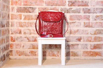 Consuela Hand-Tooled Leather Crossbody Crossbodies Hide and Chic Burgundy Red  