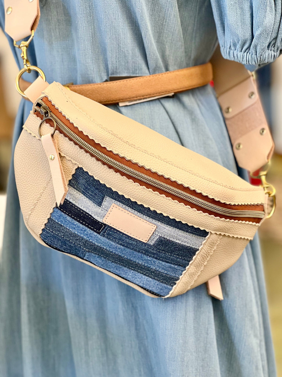 Blue Collar Small Fanny - Ivory/Denim Stripe #1 HANDBAGS Indigo Laine