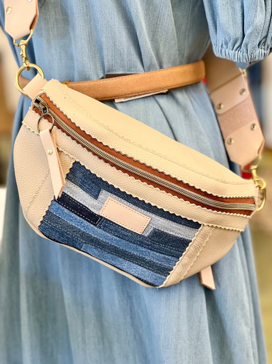 Blue Collar Small Fanny - Ivory/Denim Stripe #1 HANDBAGS Indigo Laine