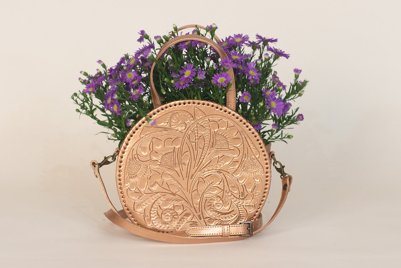 Luna Hand-Tooled Leather Crossbody Crossbodies Hide and Chic Metallic Bronze