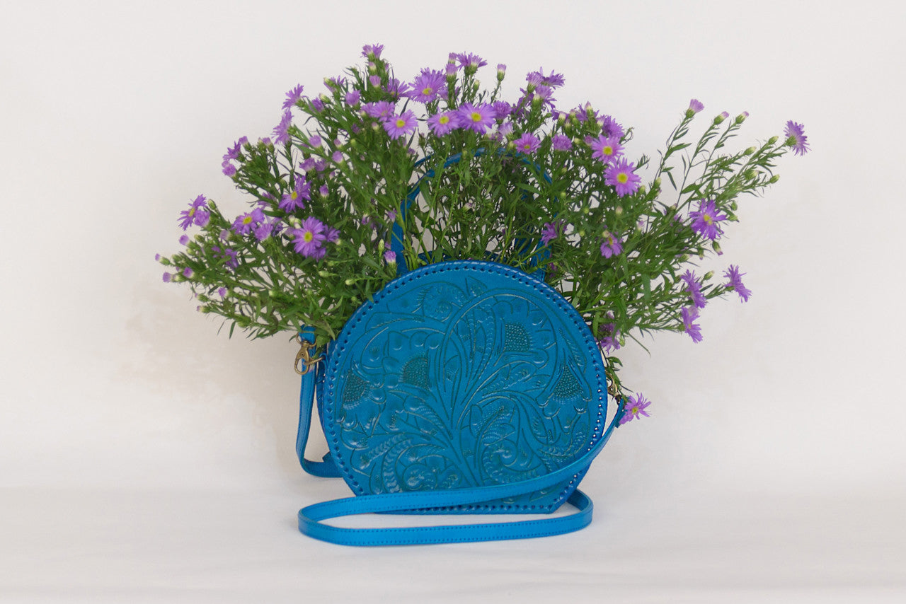 Luna Hand-Tooled Leather Crossbody Crossbodies Hide and Chic Turquoise
