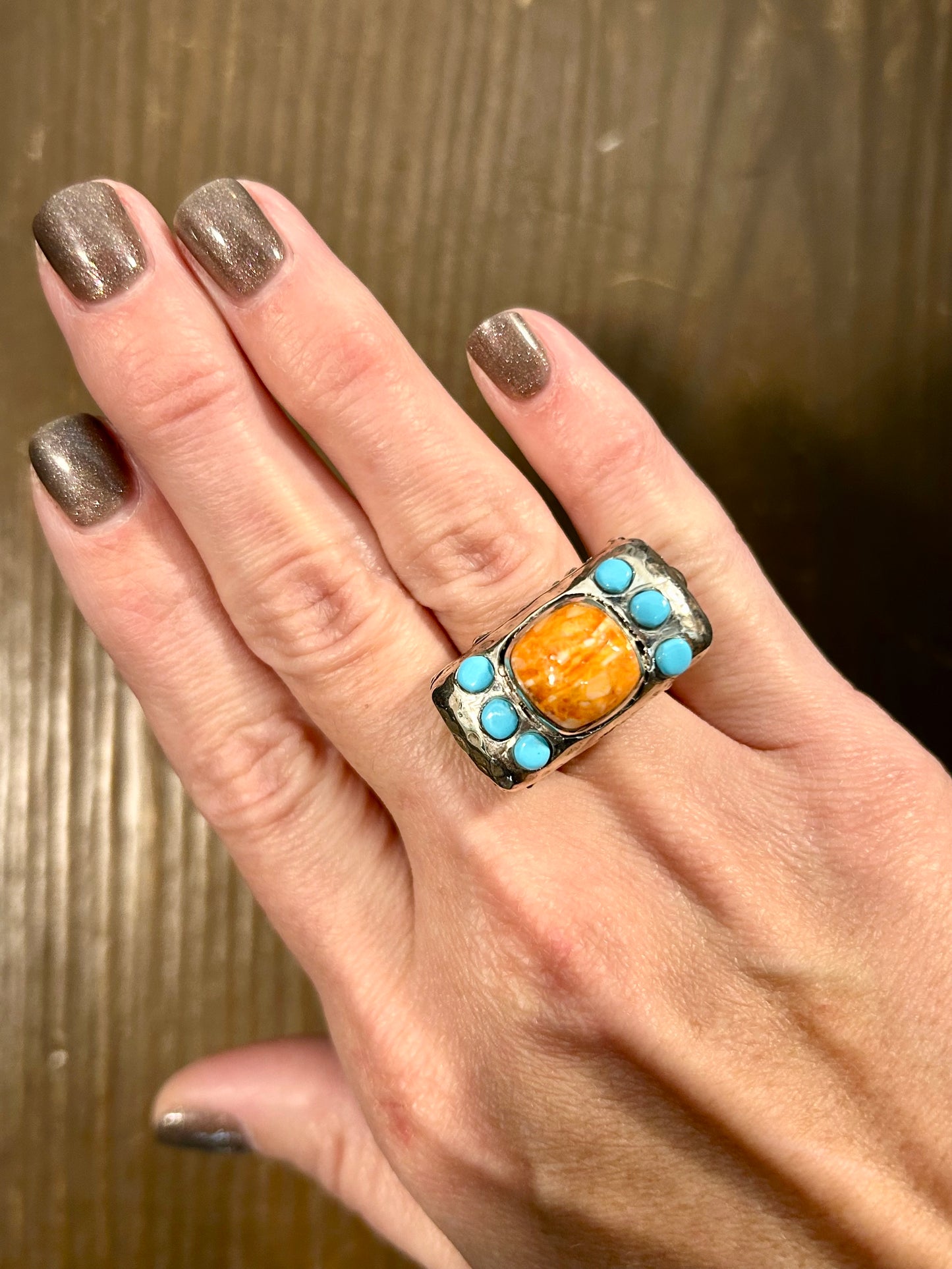 Sterling with Spiney Oyster and Turquoise Dots Ring Rings Dian Malouf