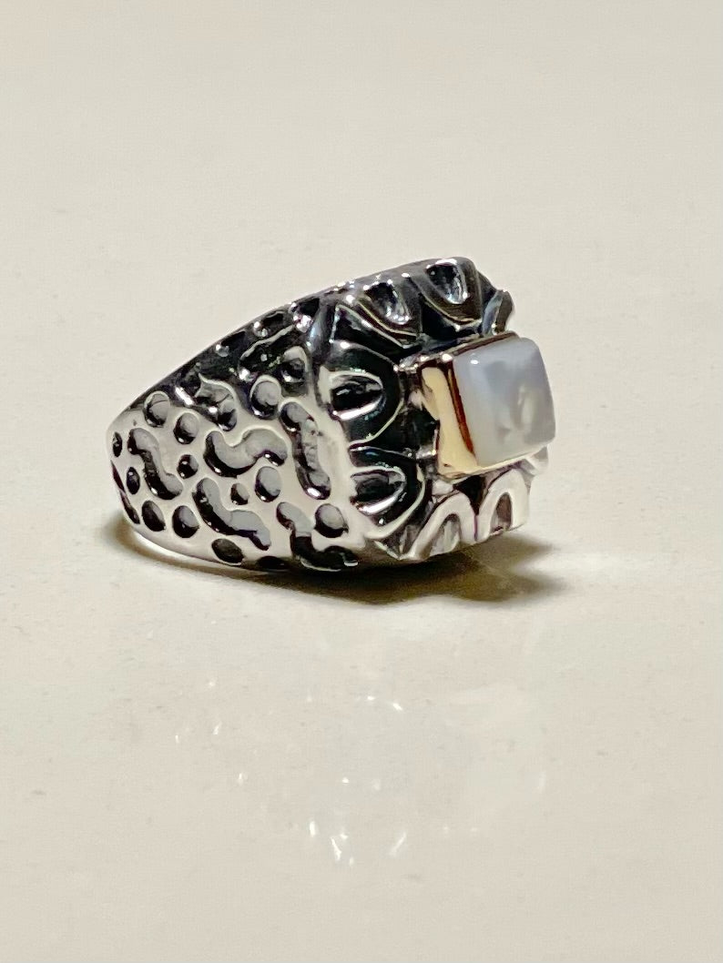Crater Shank with Square Mother of Pearl and Gold Bezel Ring Rings Dian Malouf   