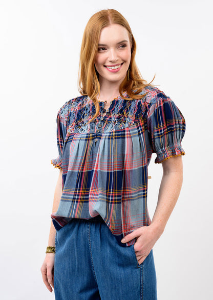 Smocked Neck Navy Plaid Top