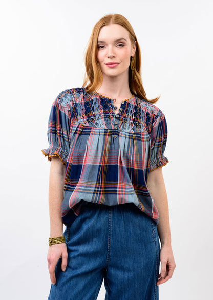 Smocked Neck Navy Plaid Top