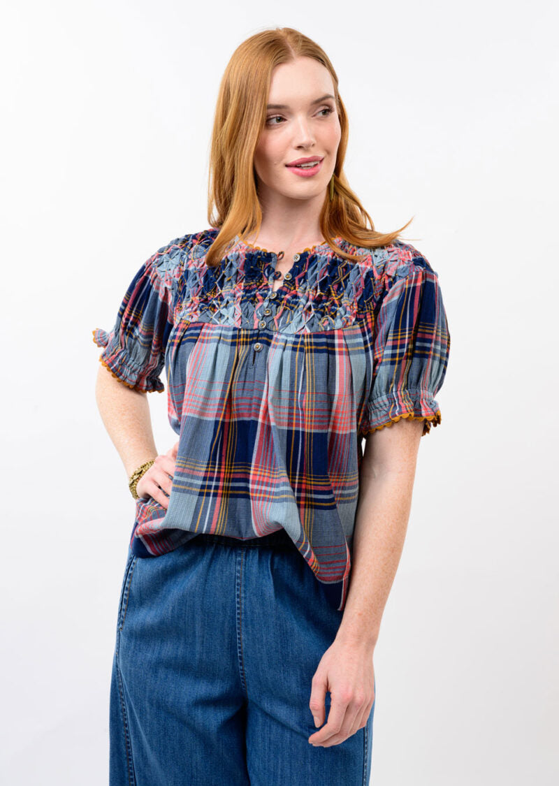 Smocked Neck Navy Plaid Top