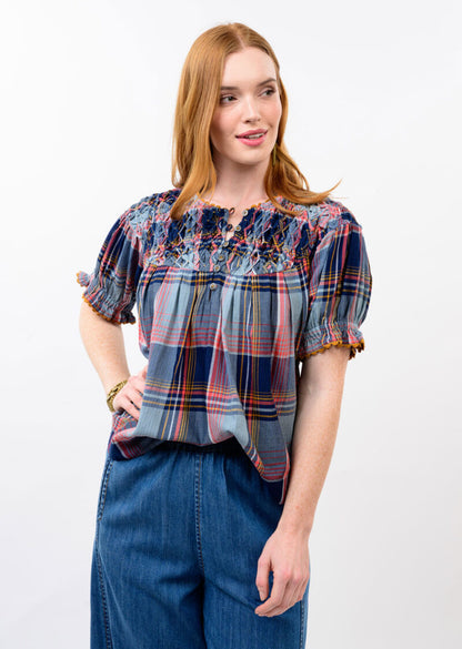 Smocked Neck Navy Plaid Top