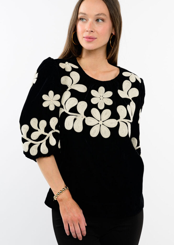 Velvet Embroidered Top - Black Embroidery Tops Ivy Jane   