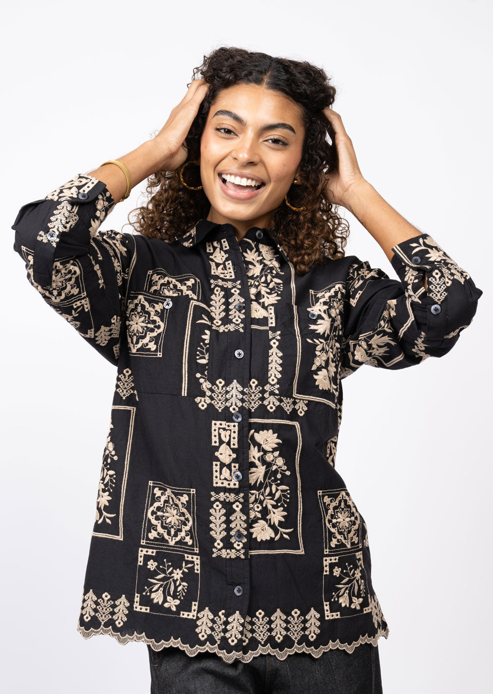 Scarf Embroidered Shirt - Black TOP Ivy Jane