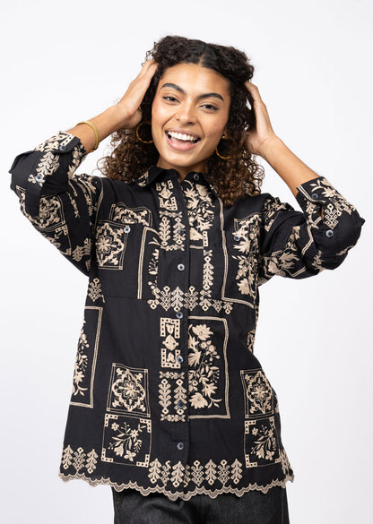 Scarf Embroidered Shirt - Black TOP Ivy Jane