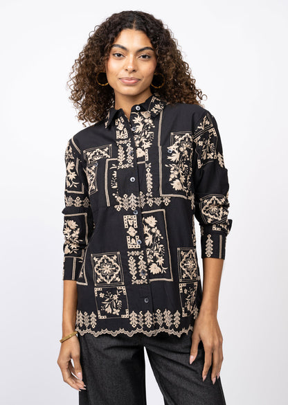 Scarf Embroidered Shirt - Black TOP Ivy Jane