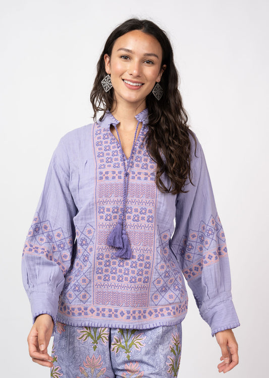 Gauze Cross Stitch Top - Periwinkle