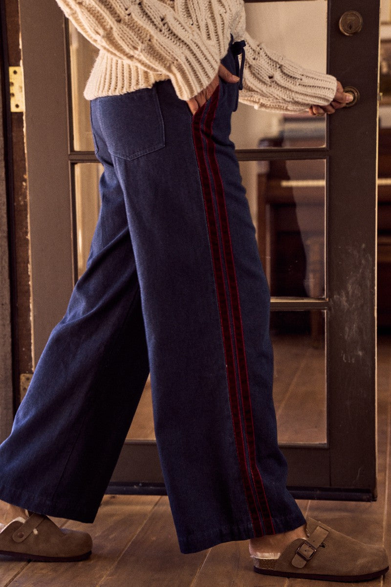 Maroon Velvet Stripe Denim Wide Leg Pants