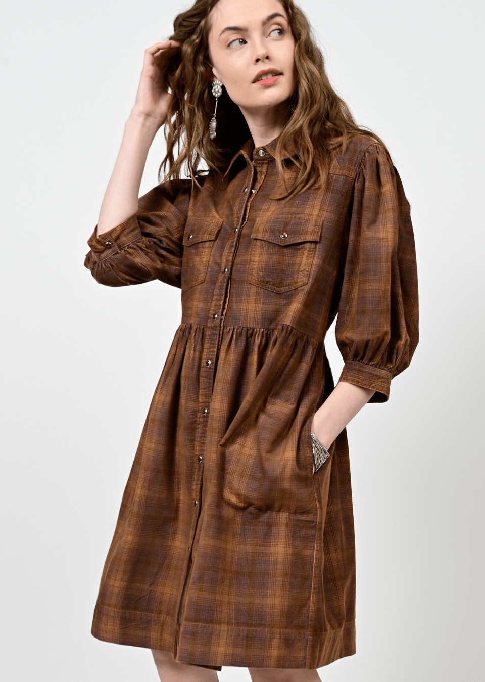 Ombre Plaid Snap Dress - Brown Dress Ivy Jane   