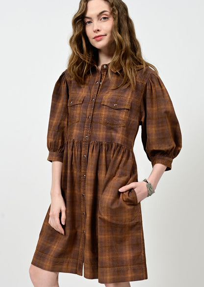 Ombre Plaid Snap Dress - Brown Dress Ivy Jane   