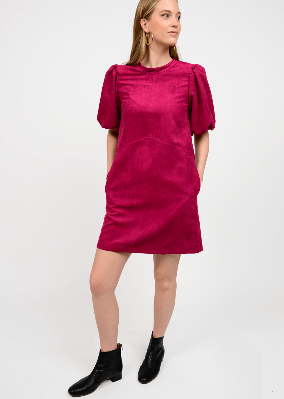 Pouf Sleeve Suede Magenta Dress DRESSES Uncle Frank   