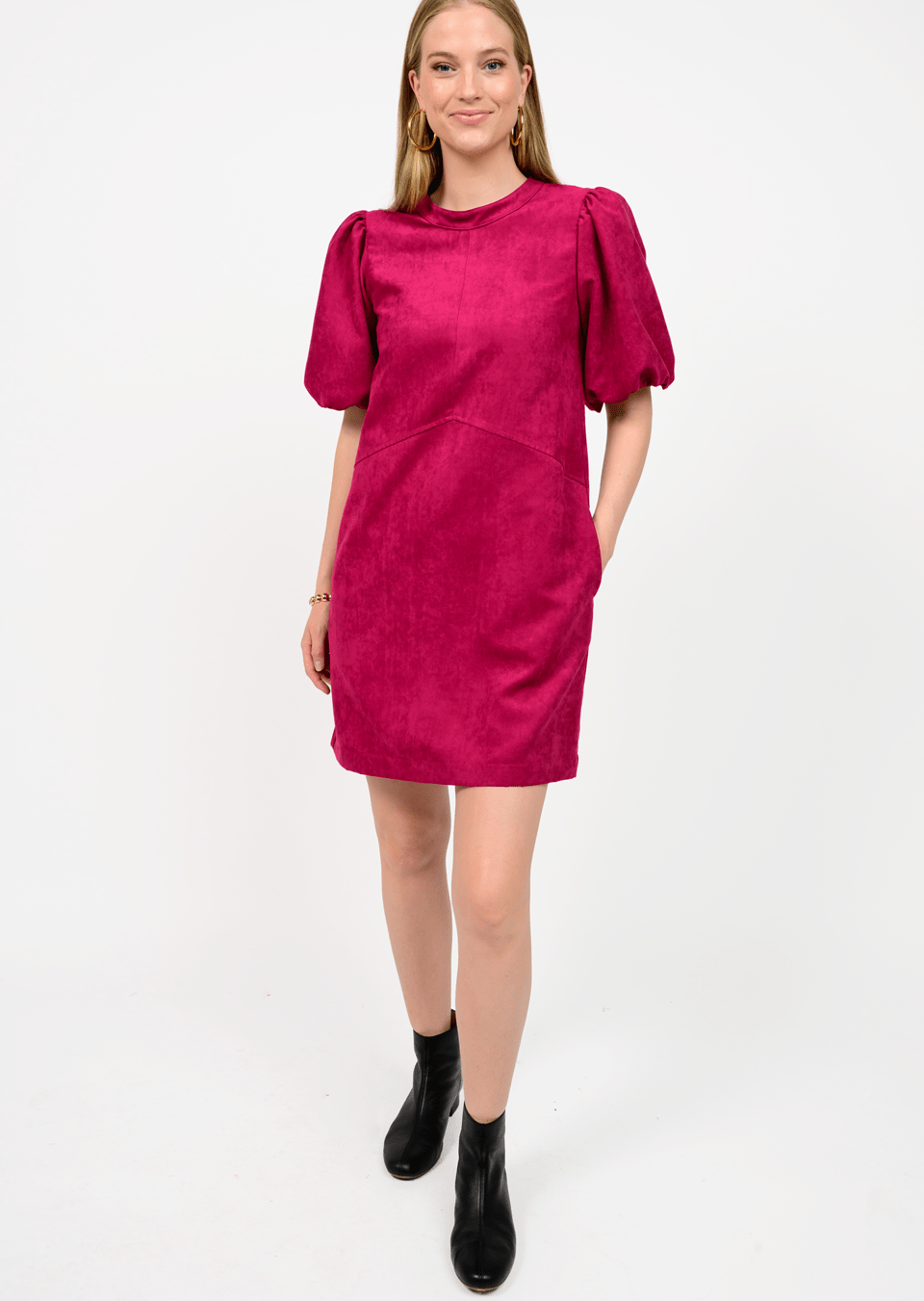 Pouf Sleeve Suede Magenta Dress DRESSES Uncle Frank   