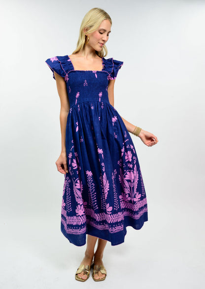 Smocked Border Navy and Lavender Dress