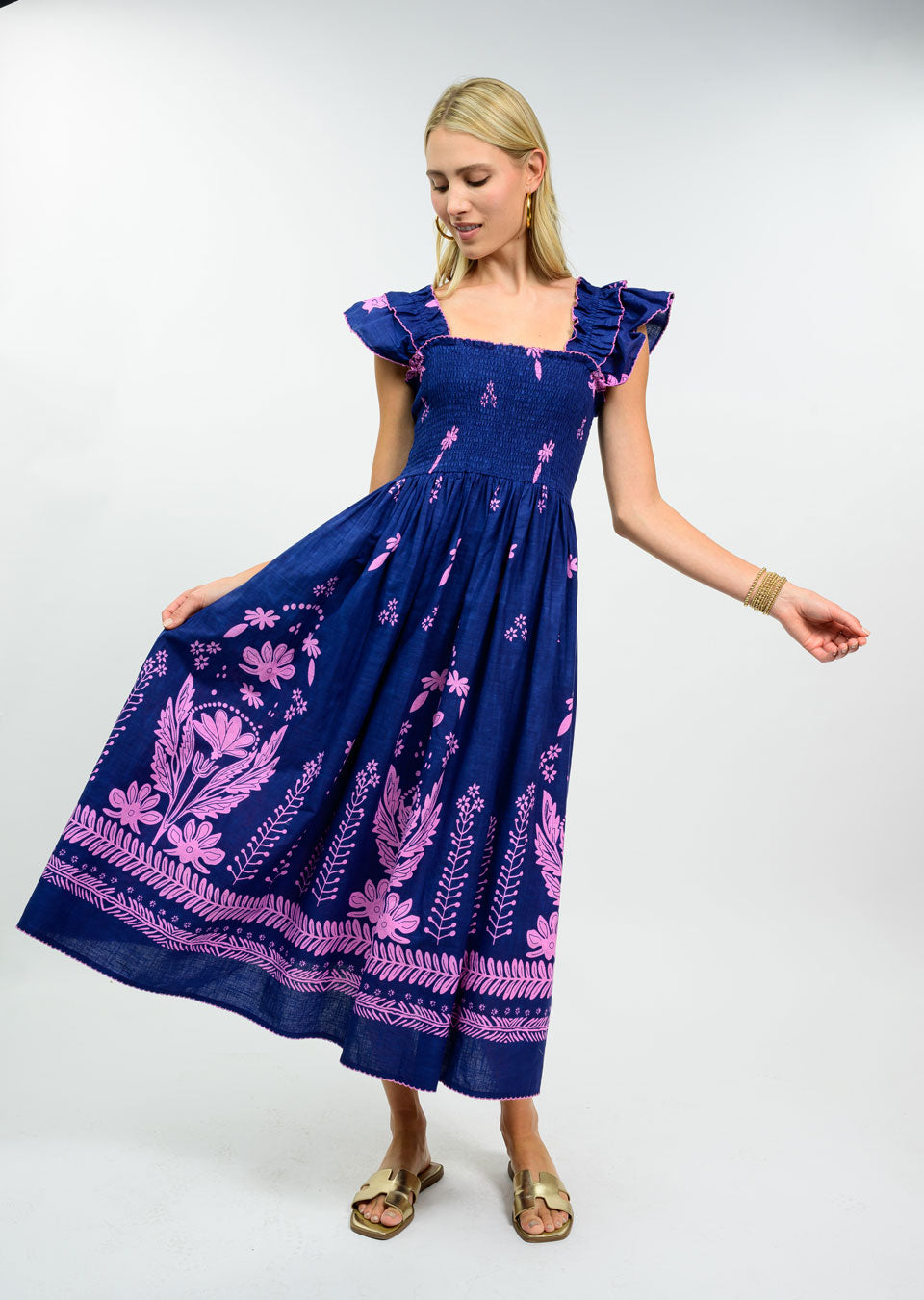 Smocked Border Navy and Lavender Dress