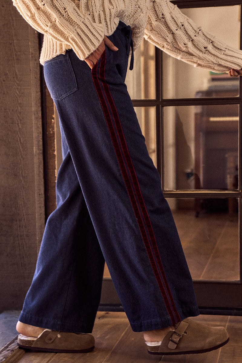 Maroon Velvet Stripe Denim Wide Leg Pants