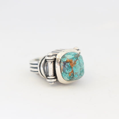 Drum Ring with Stone Rings Dian Malouf All Silver 6 (Allow 6-8 weeks) Teal Turquoise Bronzite
