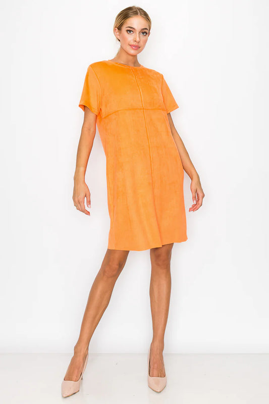 Audrey Short Sleeve Suede Dress - Orange Mini Dresses JOH Apparel   