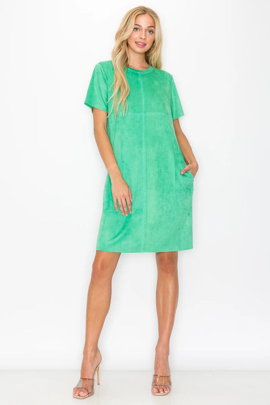 Audrey Short Sleeve Suede Dress - Kelly Green Mini Dresses JOH Apparel   