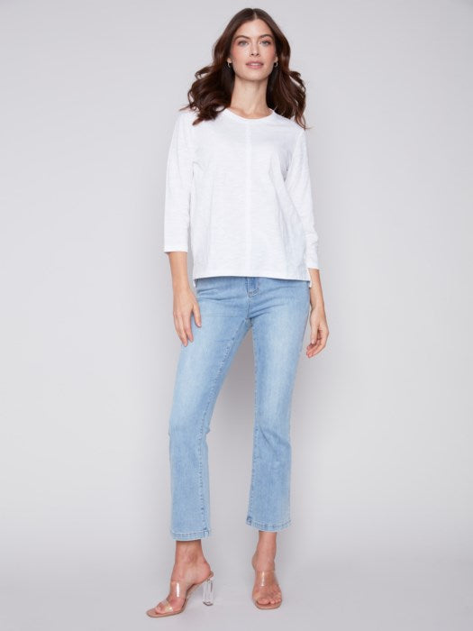 Organic Cotton Slub 3/4 Sleeve Knit Top - White Shirts & Tops Charlie B   