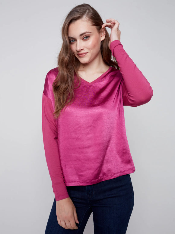 Satin and Jersey Knit Top - Amethyst Hot Pink