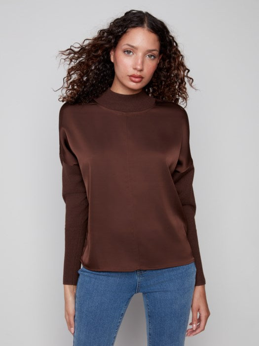 Mock Neck Satin Knit Combo Top - Mocha TOP Charlie B