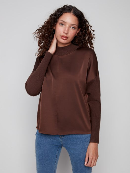 Mock Neck Satin Knit Combo Top - Mocha TOP Charlie B
