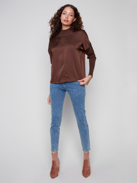 Mock Neck Satin Knit Combo Top - Mocha TOP Charlie B