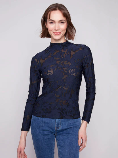 Long Sleeve Burnout Mesh Mock Neck Top TOP Charlie B