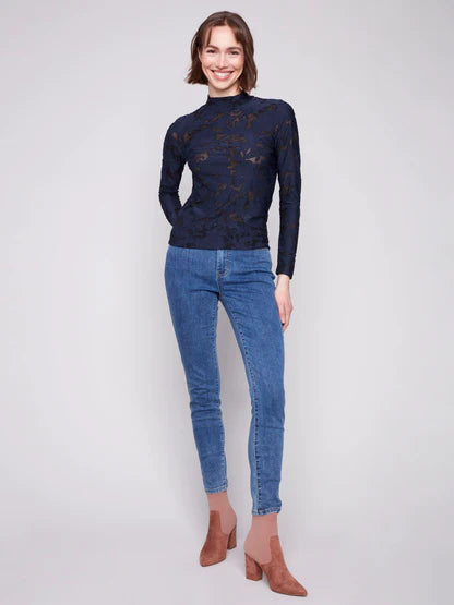 Long Sleeve Burnout Mesh Mock Neck Top TOP Charlie B