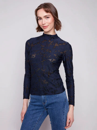 Long Sleeve Burnout Mesh Mock Neck Top TOP Charlie B