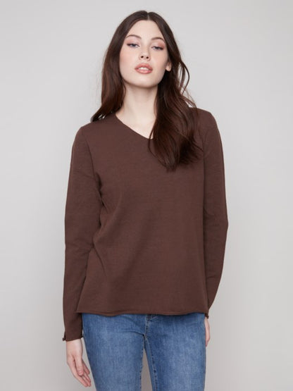 Plushy V-Neck Long Sleeve Basic Sweater - Mocha Sweaters Charlie B