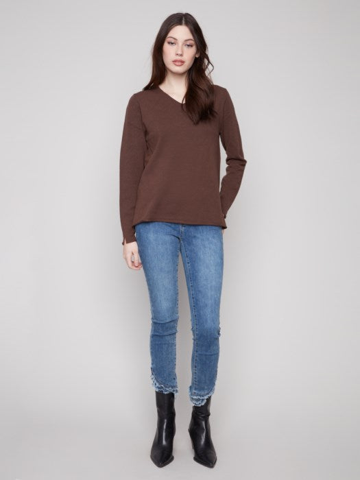 Plushy V-Neck Long Sleeve Basic Sweater - Mocha Sweaters Charlie B