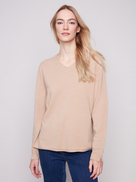 Plushy V-Neck Long Sleeve Basic Sweater - Sesame Tan Sweaters Charlie B
