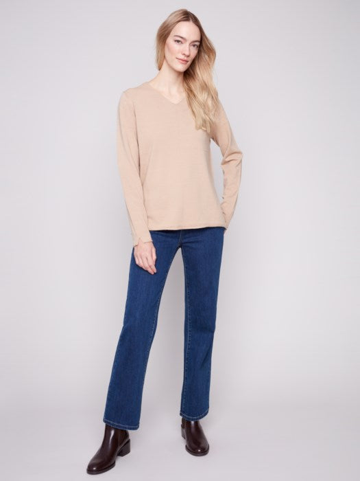 Plushy V-Neck Long Sleeve Basic Sweater - Sesame Tan Sweaters Charlie B