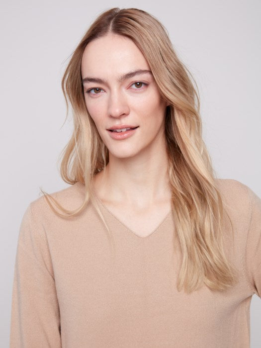 Plushy V-Neck Long Sleeve Basic Sweater - Sesame Tan Sweaters Charlie B