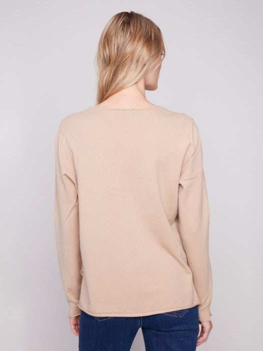 Plushy V-Neck Long Sleeve Basic Sweater - Sesame Tan Sweaters Charlie B