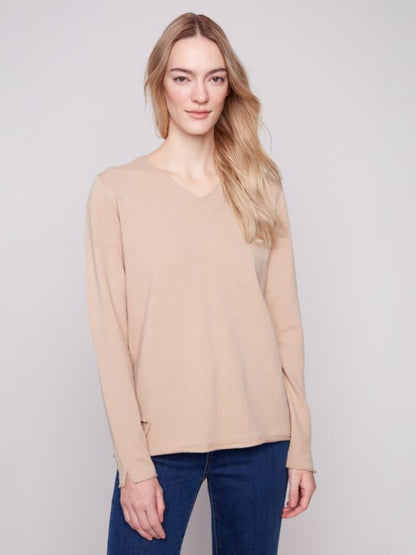 Plushy V-Neck Long Sleeve Basic Sweater - Sesame Tan Sweaters Charlie B