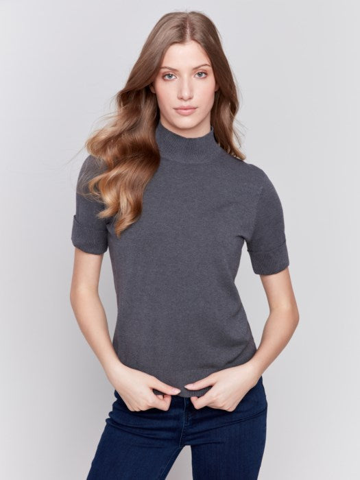 Mock Neck Basic Sweater - Charcoal Top Charlie B   